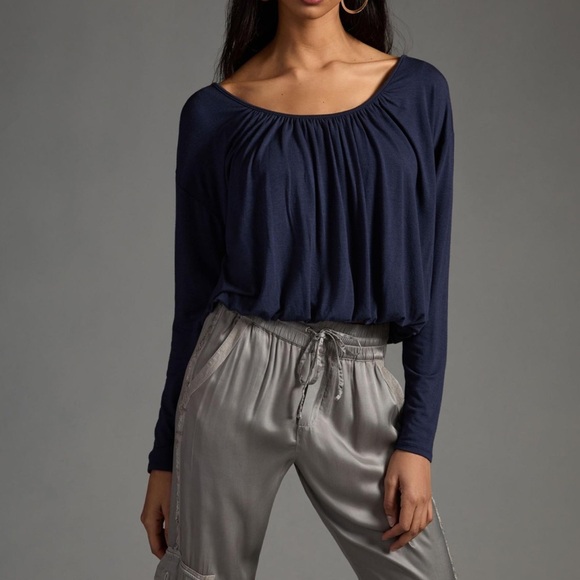 Maeve Tops - MAEVE BY ANTHROPOLOGIE Long-Sleeve Bubble Top Navy Blue Blouse Size Small